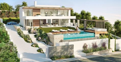 House In Slope, Slope House Design Architecture, Modern Villa With Pool, Slope House Design, Sloping Lot House Plan, House With Pool, Slope House, Modern Villas, Hillside House