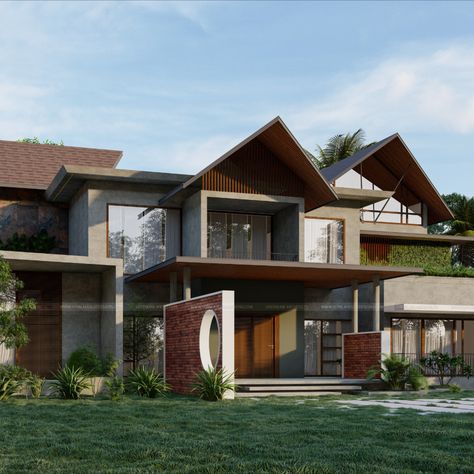 6 bedroom super luxury tropical home design Slope Roof Elevation Modern, Sloping Roof Elevation, Contemporary Slope Roof House, Sloping Roof Architecture Modern, Slope Roof Elevation Kerala, Modern Slope Roof House, Slope Roof Elevation, Contemporary House Exterior Kerala, Small House Design Kerala