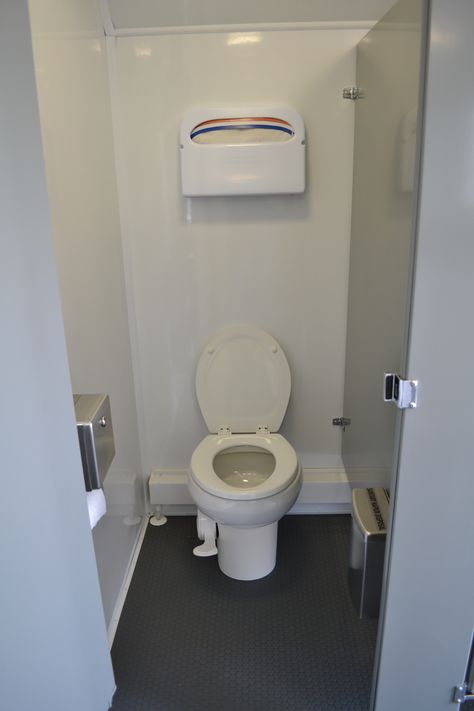 Rent-a-Restroom bathroom stall. 10-person unit. Bathroom Stall Reference, Commercial Bathroom Tile, School Bathroom Stall, Office Restroom, Bathroom Stall Doors, Bathroom Trailer, Commercial Bathroom Designs, Bathroom Stalls, Ladies Restroom