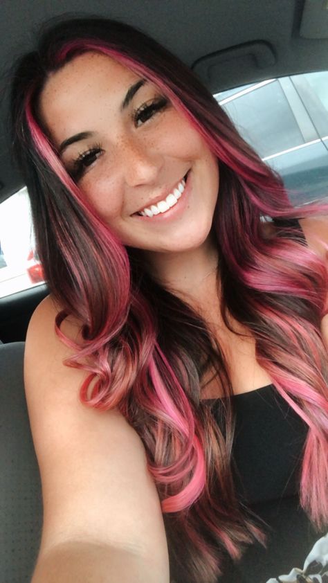 Pink Hair For Brown Hair, Pink Hair With Brunette, Hair Color Ideas Straight Hair Brunettes, Light Brown Hair With Pink Peekaboos, Brown Hair With Pink Money Piece Highlights, Peekaboo For Brown Hair, Peekaboo Hair With Brown Hair, Moneypiece Hair Pink, Pink In Brown Hair Highlights