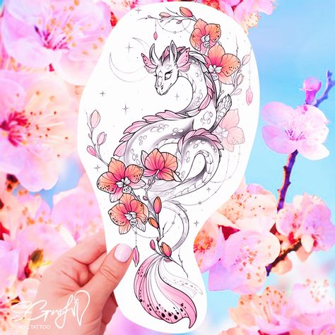 Dragon Mom Tattoo, Sakura Dragon Tattoo, Kawaii Dragon Tattoo, Girly Dragon Tattoo, Pink Dragon Tattoo, Flower Dragon Tattoo, Color Dragon Tattoo, Colorful Dragon Tattoo, Year Of The Dragon Tattoo