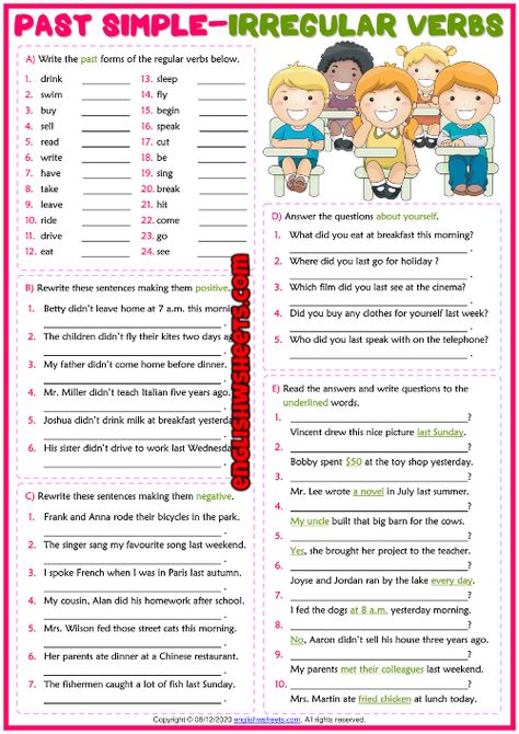 Past Simple Worksheets For Kids, Past Simple Esl, Past Simple Worksheets, Past Simple Questions Worksheets, Past Form Of Verbs Worksheet, Past Simple Regular Verbs Worksheets, Past Simple Irregular Verbs Worksheets, Questions About Yourself, Irregular Verbs Worksheet