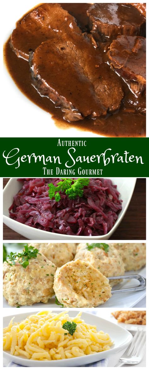 One of Germany’s national dishes, this authentic Sauerbraten is marinated, cooked until tender, and served with a wonderfully rich and flavorful sweet-tangy gravy!  Serve it with homemade Rotkohl and potatoes, Knödel or Spätzle and you're all set for a memorable feast!  daringgourmet.com German Brown Gravy, Crockpot Sauerbraten, German Sauerbraten Recipe, Sauerbraten Recipe, German Dinner, Daring Gourmet, German Things, Traditional German Food, German Dishes