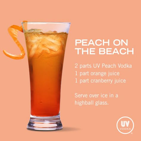 UV Vodka Recipe: Peach on the Beach sounds interesting... Drinks With Peach Vodka, Uv Vodka Recipes, Peach On The Beach, Bartending Drinks, Alcohol Treats, Paradise Drink, Alcohol Shots, Caribbean Drinks, Camping Necessities