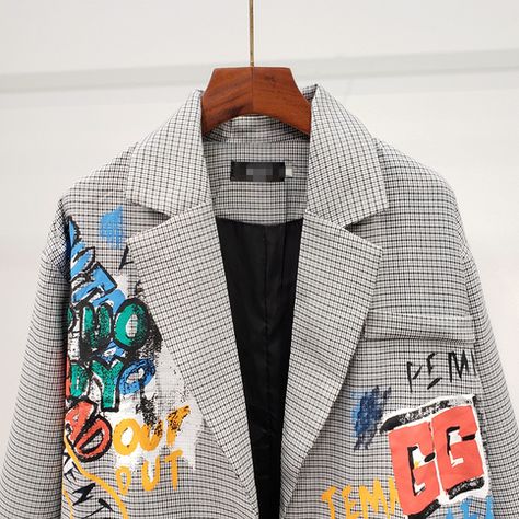 Graffiti Blazer, Loose Suit, Vintage Style Jacket, Blazer Suit Women, Print Outerwear, Casual Suit Jacket, Mens Clothing Brands, Egirl Outfits, Plaid Suit