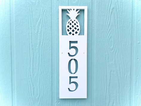 Vertical Pineapple Address Sign, Coastal Beach House Address Plaque, Outdoor PVC Weatherproof House Numbers, Tropical Exterior Home Decor by MillerKyleStudios on Etsy Coastal House Numbers, Coastal Beach House Exterior, Tropical Exterior, Mint Green Decor, Bar Tops, House Address Sign, Beach House Exterior, Coastal Beach House, Address Signs