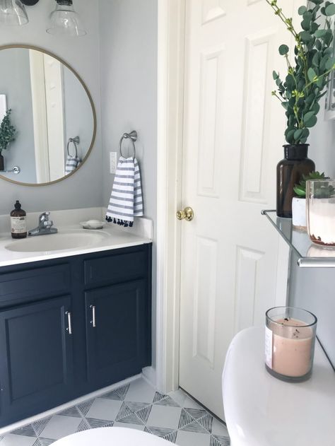 Bathroom Remodel Plans, Grey And White Bathroom, Painted Vanity Bathroom, Navy Blue Bathrooms, Guest Bathroom Renovation, Navy Bathroom, Paint Vinyl, Painted Vanity, Bathroom Floors