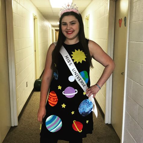 DIY Miss Universe Halloween Costume Ms Universe Costume Halloween, Mrs Universe Halloween Costume, Cosmos Costume Ideas, Space Themed Costumes Diy, Science Teacher Costume Ideas, Miss Universe Costume Halloween, Miss Universe Halloween Costume, Space Dress Up Day, Milky Way Costume