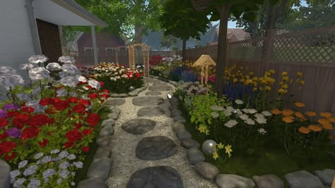 Blocksburg Garden Ideas, Bloxburg Vegetable Garden, Bloxburg Garden House Ideas, House Flipper Garden Ideas, Cottagecore Bloxburg House Interior, Front Garden Bloxburg, Bloxburg House Garden, Bloxburg Realistic Garden, Garden Design Bloxburg