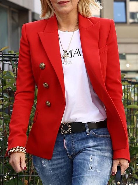 Red Blazer Jeans Outfit, Red Plaid Blazer Outfit, Womens Outfits 2024, Red Shirt Outfit Ideas, Outfit Ideas With Blazers, Red Blazer Outfit Casual, Red Blazer Outfit For Work, Red Blazer Outfit, Red Black Outfit