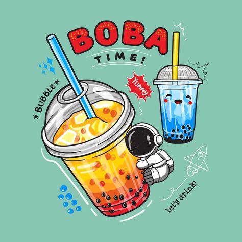 Bubble tea banner poster. Bubble tea with fruits and berries Milkshake smoothie and cartoon astronaut hugging the plastic cups. Great for flyers, posters, cards. Vector illustration Boba Logo, Milkshake Smoothie, Bubble Fruit, Tea Illustration, Bubble Tea Boba, Cartoon Astronaut, Canvas Learning, Monkey Art, Tea Shirt