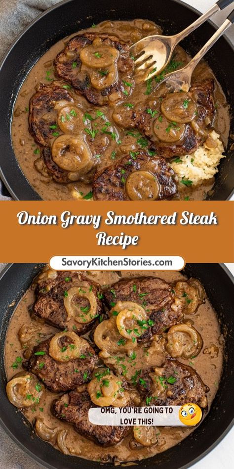 Craving comfort food that’s easy to make? This Onion Gravy Smothered Steak Recipe is a fantastic addition to your steak dinner lineup! With its rich, savory flavors, it’s sure to please. Remember to save this recipe for a delicious side that’s perfect for any occasion! Mushroom Gravy Steak, Recipes For Swiss Steak, Round Steak With Cream Of Mushroom Soup, Smothered Hamburger Steak And Gravy, Braised Round Steak Recipes, Smothered Steak Crockpot, Round Steak Recipes Easy, Tenderized Round Steak Recipes, Rump Steak Recipes