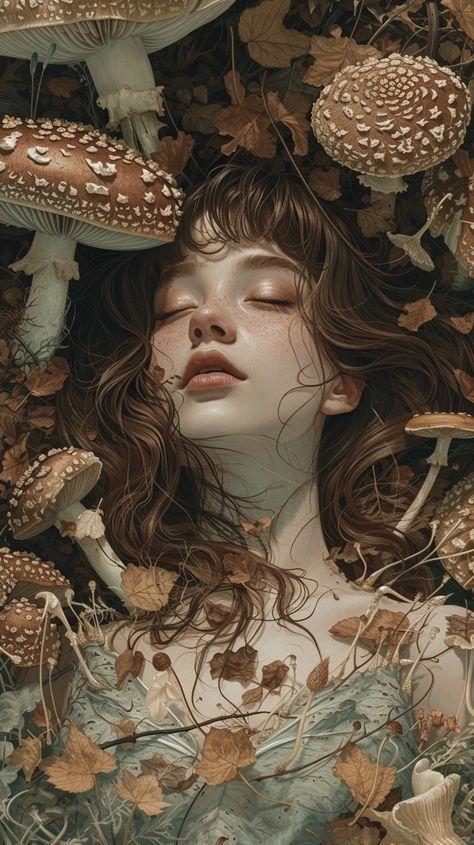 💫🎨Discover Amazing Midjourney Prompts - Go to Link in my Bio🌐🔗 Ethereal Woman Art, Mushroom Woman, Mushroom Cute, Mushroom Aesthetic, Woman With Long Hair, Animals And People, Alphonse Mucha Art, Witch Art, Ethereal Art