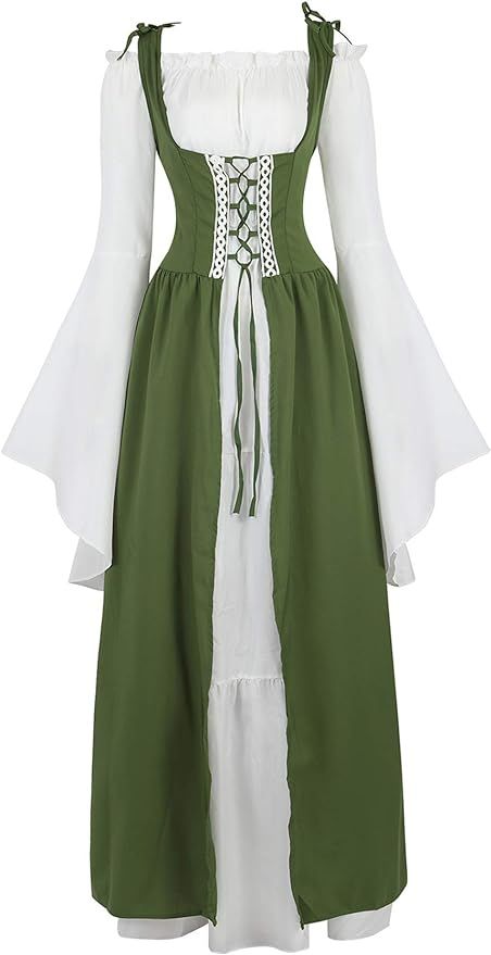 Amazon.com: Lehauya Womens Renaissance Costume Medieval Irish Over Dress and Trumpet Sleeves Chemise Boho Set Olive Green Small : Clothing, Shoes & Jewelry Over Dress, Costume Women, Medieval Costume, Shoes Jewelry, For Women, Green