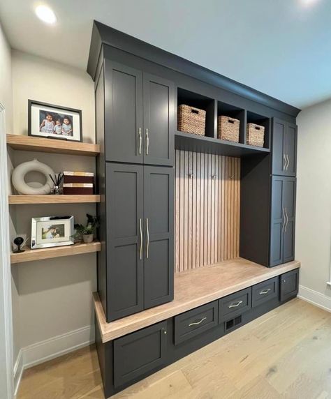 Entry Way Built In Modern, L Shaped Entryway Storage, Two Tone Mudroom Cabinets, Mud Locker Ideas, Mudroom Cubbies With Doors, Entryway Locker Ideas, Mud Room Storage Cabinets, Black Mudroom Cabinets, Entry Way Mud Room Ideas