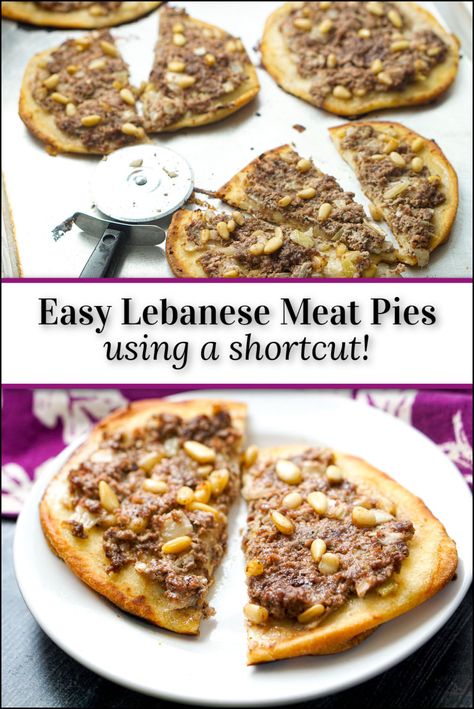 baking sheet with Lebanese meat pies and text Lebanese Meat Pies Ground Beef, Meat Pasties, Arabic Food Traditional, Jordanian Recipes, Assyrian Food, Lebanese Meat Pies, Middle Eastern Recipes Arabic Food, Lebanese Dishes, Syrian Recipes