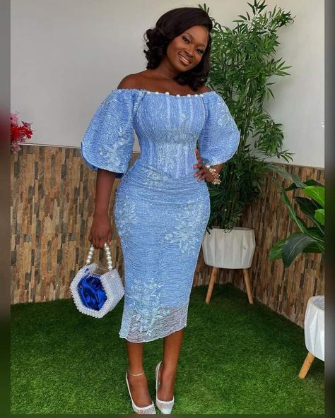 Sky Blue Lace Styles, Short Lace Dress Styles Nigerian, Blue Lace Styles, Lace Dress Styles Ghana, Lace Dress Styles Nigerian, Latest Lace Styles, Yakoema Fashion, Nigerian Lace Dress, Lace Dress Classy