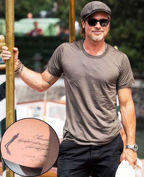 Brad Pitt Debuts New Mysterious Bicep Tattoo at the Venice Film Festival Brad Pitt Tattoo, Brad Pitt News, Tank Tattoo, Chest Tattoos, Bicep Tattoo, Handsome Older Men, Small Tattoos For Guys, Red Carpets, Venice Film Festival