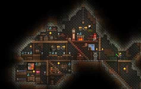 Terraria Underground House Ideas, Terraria Kitchen, Terraria Tavern, Terraria Underground Base, Terraria Cavern House, Underground Tavern, Terraria Underground House, Terraria Underground, Terraria Base