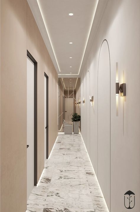 Corridors Design Home, Gallery Corridor, Art Deco Style Interior, Gypsum Ceiling Design, Corridor Design, Gypsum Ceiling, Corridor Lighting, House Ceiling Design, Clinic Interior Design