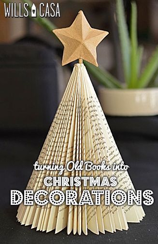 Make Christmas decorations from books - tutorial for Christmas tree and ornaments Christmas Book Craft Ideas, Christmas Crafts With Book Pages, Old Book Christmas Tree, Crafts Using Books, Crafts From Old Books, Christmas Decor With Book Pages, Bookcraft Ideas, Readers Digest Book Crafts, Using Old Books To Decorate