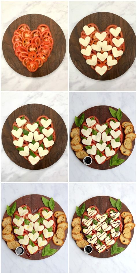 Heart Shaped Caprese Salad, Valentine Day Lunch Ideas, Savoury Valentines Food, Valentines Potluck Food, Valentines Food Savory, Valentine Pasta Salad, Valentines Appetizers Parties Food, Valentines Themed Food Dinner Parties, Galentines Party Dinner Ideas