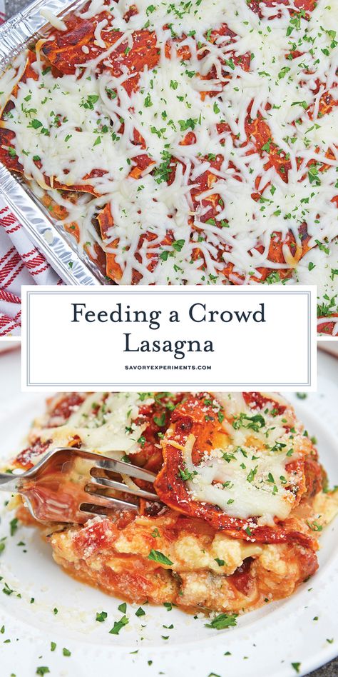 Giant No Boil Lasagna is made up of layers of spinach, tomato, turkey sausage, and lots of CHEESE! This is the best homemade lasagna for a crowd! #howtomakelasagna #homemadelasagnaforacrowd www.savoryexperiments.com Lasagne For A Crowd, Lasagna Recipe For Large Crowd, Lasagna For A Large Crowd, Large Batch Lasagna, Lasagna For A Crowd Parties, Lasagna For 50 People, Lasagna For A Crowd, Best Homemade Lasagna, Make Ahead Lasagna