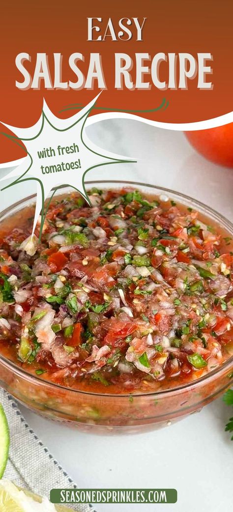 This fresh tomato salsa recipe creates a classic topping for tacos, burritos, nachos and more. Our homemade salsa knocks any store bought jars right out of the park with its fresh, bright flavors. #salsa #tomatoes #jalapenos #cilantro #redonion #recipe #dip #chips #Mexican Homemade Salsa With Fresh Tomatoes, Salsa Recipe With Fresh Tomatoes, Fresh Tomato Salsa Recipe, Garden Salsa Recipe, Tomato Salsa Recipe Fresh, Dip Chips, Smoked Salsa, Canned Salsa Recipes, Mexican Salsa Recipes