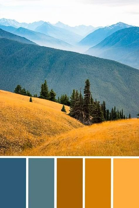 Perfect Living Room Decor, Gold Mountain, Color Palette Inspiration, Pintura Exterior, Colorful Nature, Mountain Art Print, Color Schemes Colour Palettes, Palette Inspiration, Inspiration Kitchen