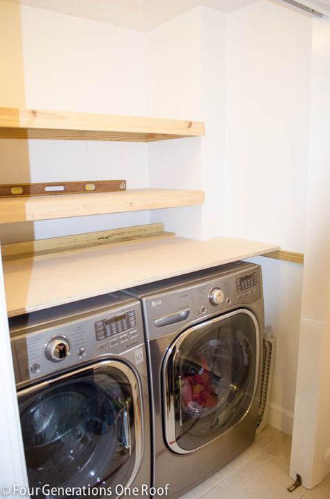 DIY Floating Shelves {laundry room} | Four Generations One RoofFour Generations One Roof Diy Shelf On Top Of Washer And Dryer, Floating Shelf Over Washer And Dryer, How To Build Counter Over Washer And Dryer, Floating Shelf Above Washer And Dryer, Shelf On Top Of Washer And Dryer, Diy Shelf Over Washer And Dryer, Open Shelves Laundry Room, Floating Shelves Laundry, Floating Shelves Laundry Room