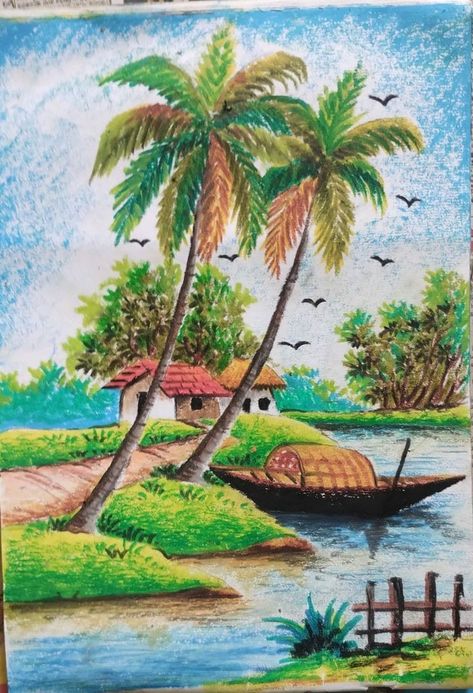 Village Scene Drawing, Scenery Drawing For Kids, Simple Draw, Easy Scenery Drawing, Oil Pastel Drawings Easy, Buddhist Art Drawing, Oil Pastel Colours, Drawing Scenery, Kids Canvas Art