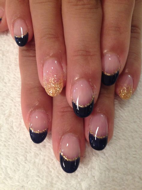 Navy French Navy And Gold Almond Nails, Navy Blue And Gold French Tip Nails, Navy And Gold French Tip Nails, Navy Blue With Gold Nails, Navy And Gold Nail Ideas, Blue And Gold Gel Nails, Navy And Gold Nails Design, Nails To Match Navy Dress, Gold And Navy Nails