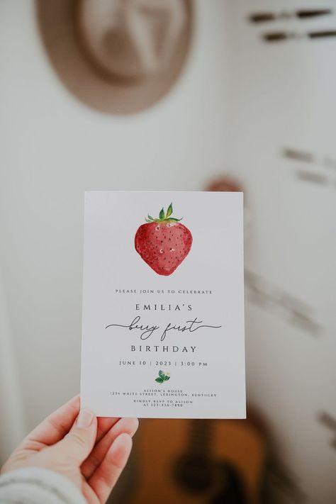 Strawberry Birthday Invitation Template, Berry First Birthday Invitation, Strawberry 1st Birthday Invite, Girl Birthday Party Invitation Strawberry Birthday Invite, Boho Berry First Birthday, Berry First Birthday Invitation Free, Cottagecore First Birthday, Simple First Birthday Girl, Two Birthday Invitations, Berry One Birthday, Strawberry 1st Birthday Party Theme, Strawberry First Birthday Theme