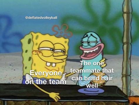 Volleyball Memes on Instagram: “Who’s the teammate that does/can do everyone’s hair? 🏐 🏐 🏐  Follow @deflatedvolleyball for more daily volleyball memes!  OP:…” Percy Jackson Fanfiction, Volleyball Memes, Funny Truths, Spongebob Memes, Memes Funny, Funny Posts, Percy Jackson, Dankest Memes, Really Funny