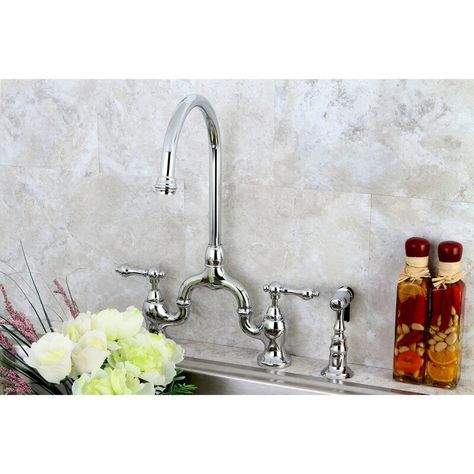 Kingston Brass English Country Bridge Faucet with Side Spray & Reviews | Wayfair Bridge Faucet Kitchen, Bar Sink Faucet, Bridge Kitchen Faucet, Bridge Faucet, Bar Faucets, Single Handle Kitchen Faucet, Widespread Bathroom Faucet, Rv Parts And Accessories, Kingston Brass