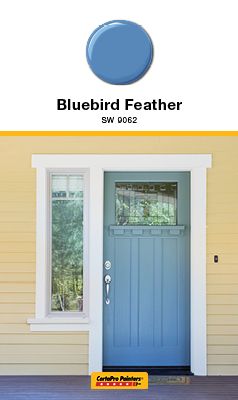 Contrasting colors like a #exteriordoor in Birdfeather blue by Sherwin William and a lighter yellow can add a fun, playful exterior color scheme. Door Colors For Yellow Siding, Yellow House Inspiration, Front Door Colors Yellow House, Yellow Siding House Color Schemes, Yellow House Door Color Ideas, Front Door Colors With Yellow Siding, Yellow Exterior House Colors White Trim, Blue And Yellow Exterior House Colors, Front Door Color Yellow House