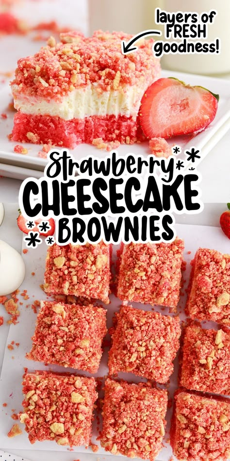 These three layer strawberry cheesecake brownies start with a box of strawberry cake mix, followed by a layer of cream cheese frosting, and are topped with a strawberry crunch that is sweet and delicious. Easy Bake Cake Recipes, Yummy Unique Desserts, Recipes With Strawberry Cake Mix Boxes, Strawberry Cake Mix Recipes Boxes, Starbucks Desserts, Strawberry Cake Cheesecake, Simple Yummy Desserts, Fruity Baking Recipes, Potluck Sweets