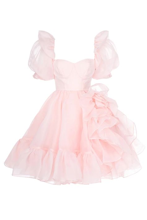 Gaun Tulle, Bloom Dress, Ruffles Top, Pretty Prom Dresses, Pink Outfits, The Castle, Puffed Sleeves, Pink Outfit, Kpop Outfits