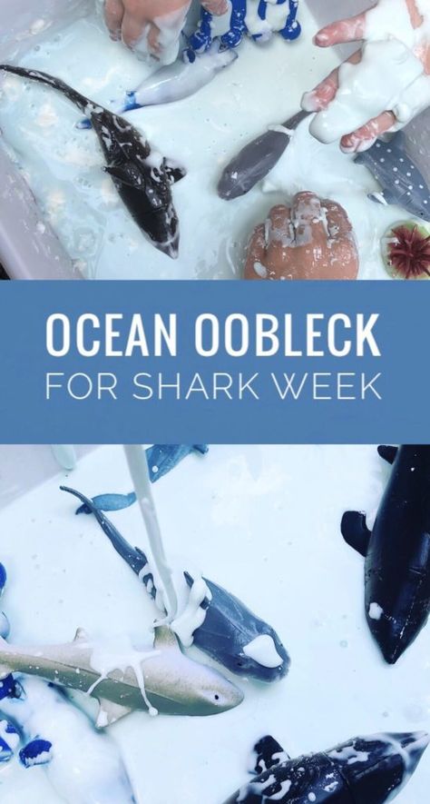 Make Ocean Oobleck for a fun Shark Week activity! It is really easy to make and only requires a couple of ingredients. The kids will love this sensory play! #sharkweek #shark #summercamp #oobleck Shark Sensory Activities, Shark Week Sensory Bin, Shark Science Experiments For Kids, Shark Week Activities For Toddlers, Shark Week Preschool, Shark Week Activities For Kids, Shark Week Party, Ocean Unit, Bubble Painting