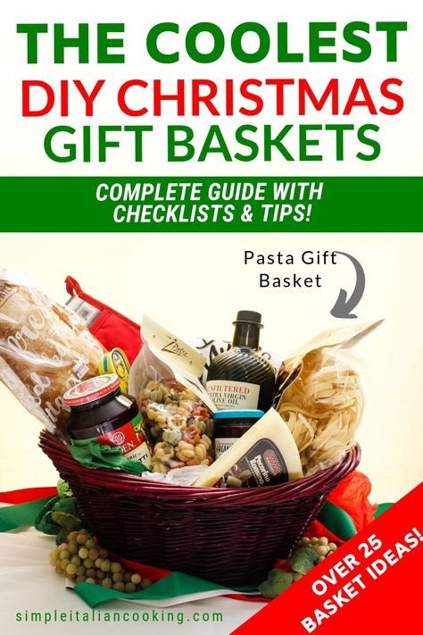 Have fun with this awesome DIY Christmas Gift Basket guide packed with 25 creative and unique Italian food and gift ideas perfect for family and friends. Includes list of essential items and lots of suggestions to mix and match! Be inspired! #italiangiftbasketideasdiy #italiangiftbaskets #christmasdiygiftbaskets Pizza Gift Basket, Food Gift Basket Ideas, Christmas Food Gift Ideas, Basket Ideas For Christmas, Gift Basket Ideas For Christmas, Cooking Gifts Basket, Dinner Gift Basket, Food Baskets For Christmas, Italian Gift Baskets