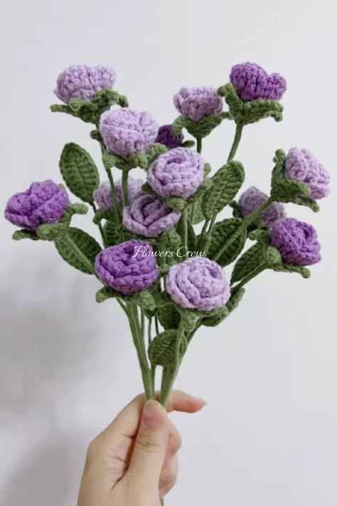 purple Polyanthas Purple Rose Crochet, Purple Flowers Crochet, Crochet Flower Display, Crochet Flowers In A Vase, Crochet Purple Bouquet, Purple Crochet Bouquet, Purple Crochet Ideas, Crochet Purple Flower, Purple Flower Crochet