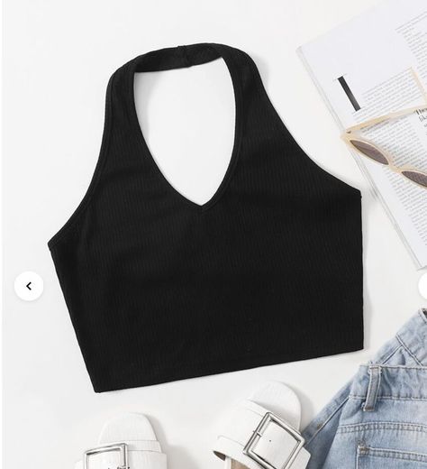 Ribbed Halter Top, Beautiful Tops, Beginners Eye Makeup, Lounge Top, Women Tank Tops, Halter Crop Top, Knit Crop, Nails Acrylic, Black Media