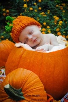 Pumpkin cradle for a fall or Halloween photo prop with a baby Fall Baby Photos, Baby Pumpkin Costume, Fall Baby Pictures, Halloween Photo Props, Crochet Photo Props, Baby Pumpkin, Newborn Halloween, Baby Kostüm, Baby Photoshoot Boy