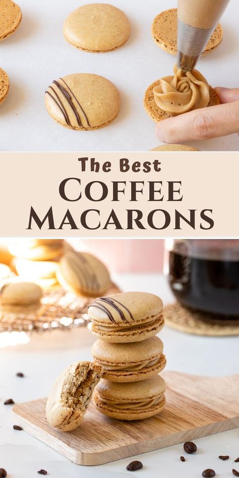 coffee macarons being filled and stacked Foods That Go With Coffee, Coffee Macaroons Recipe, Caramel Macchiato Macarons, Chocolate Coffee Macarons, Mini Coffee Desserts, Coffee Themed Desserts, Christmas Flavored Macarons, Coffee Dessert Ideas, Coffee Macarons Recipe