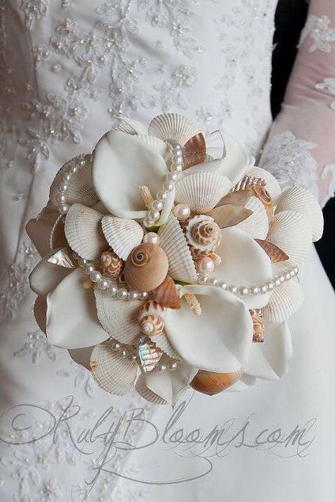 More ideas like these at bridebug.com Beach Wedding Shower, Shell Bouquet, Beach Bouquet, Seashell Bouquet, Wedding Shower Cakes, Seashell Wedding, Sea Wedding, Beach Wedding Flowers, Beach Wedding Ideas