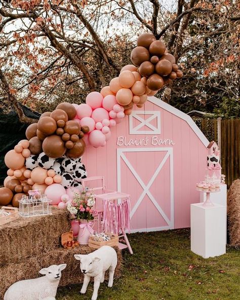 Pink Barnyard Birthday Party, Farm Girl Birthday Party, Pink Farm Birthday Party Decorations, Pink Farm Balloon Garland, Barnyard Birthday Party Girl, Diy Barn Backdrop, Pink Farm Cake, Pink Barn Door Backdrop, Diy Barn Backdrop Birthday