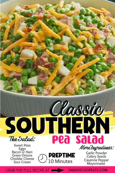 A summer BBQ isn't complete without this delicious Classic Southern Pea Salad. Bursting with fresh flavors, this easy side dish is perfect for potlucks or family gatherings! #SummerBBQ #Potluck #SouthernCooking Classic Southern Pea Salad, Southern Pea Salad, Cold Pea Salad, Southern Salad, Best Broccoli Cheese Soup, Pea Salad Recipes, Creamy Peas, Broccoli Cheese Soup Recipes, Creamy Salad Dressing