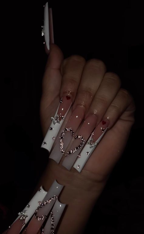 Long Nails With A Initial, Long Acrylic Nails Initial, Long Acrylics With Initials, Long White French Tip Nails With Initial, Initial Nails Stiletto, Long Stiletto Nails, Long Square Nails, Hair Essentials, Bling Acrylic Nails