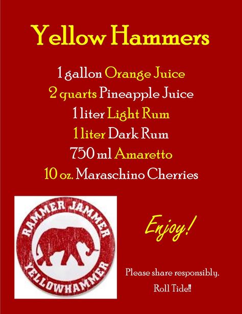 Roll Tide to that! cant wait for football season! Yellow Hammer drink recipe! Gameday Brunch, Rammer Jammer, Football Crafts, Recipes Drinks, Light Rum, Tailgate Food, Dark Rum, Drink Ideas, Adult Beverages