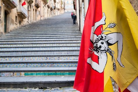 Sicilian flag in Caltagirone Sicilian Flag, Portovenere Italy, Sicilian Women, Catania Sicily, Italy Magazine, Armchair Travel, Palermo Sicily, Turn To Stone, Female Head